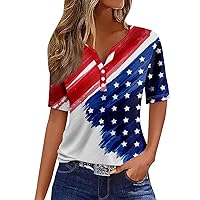 July 4th Clothing, Summer Ladies Tops Short Sleeve Henley Style Shirt Vneck Button USA Flag Print Tees Relax Fit
