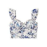 Verdusa Women's Boho Cap Sleeve Top Floral Print Ruffle Trim Ruched Bustier Crop Top Blue and White X-Small