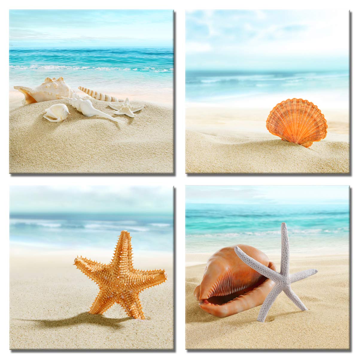 Beach Canvas Wall Art Blue Sea Decor Seashell Starfish Landscape Picture Turquoise Ocean Painting Seascape Artwork Framed for Bedroom Bathroom 16x1...