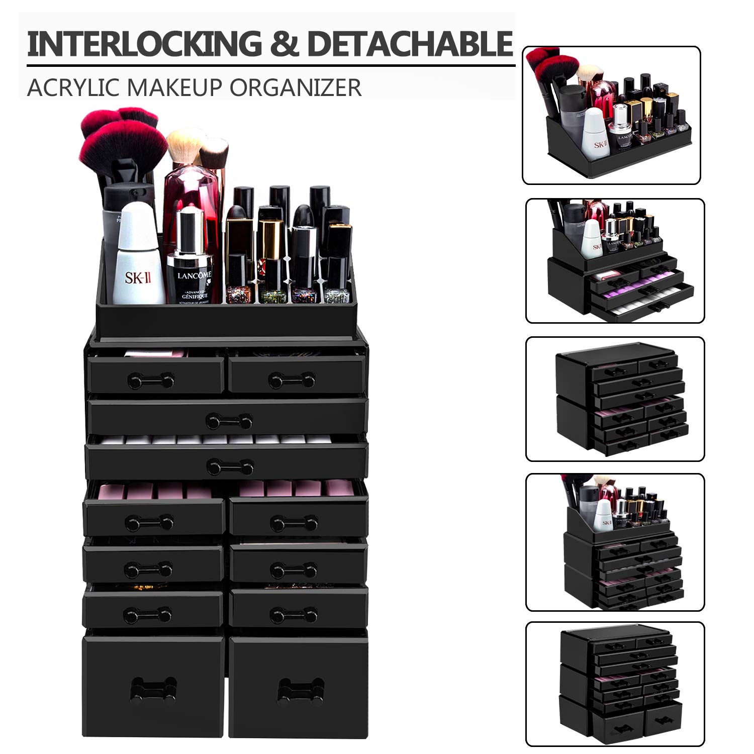 HBlife Makeup Organizer Acrylic Cosmetic Storage Drawers and Jewelry Display Box with 12 Drawers, 9.5 x 5.4 x15.8 Inches, Black