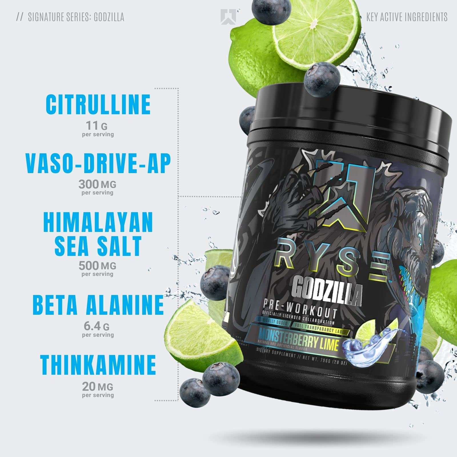 Ryse Signature Series Godzilla Pre Workout | Pump, Energy, Strength, and Focus | Citrulline, Beta-Alanine, Caffeine | 40 Servings (Monsterberry Lime)