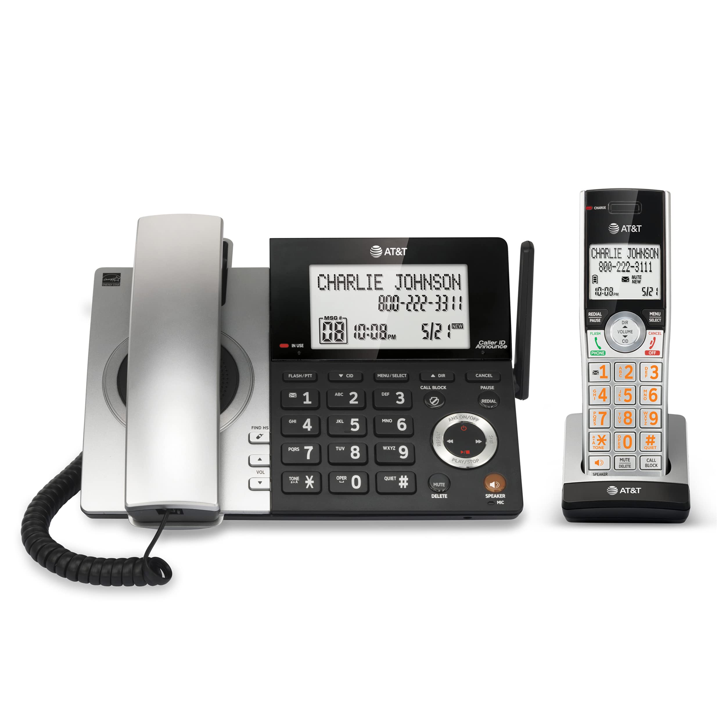 AT&T CL84107 DECT 6.0 Expandable Corded/Cordless Phone with Smart Call Blocker, Black/Silver with 1 Handset