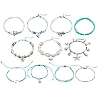 11pcs Woven Silver Beach Anklets For Women Girls Adjustable Handmade Surfer Wave Ankle Bracelets Set Beads Starfish Shell Turtle Conch Boho Ankle Foot Jewelry For Summer