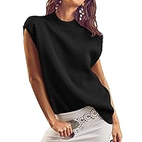 Flygo 𝟮𝟬𝟮𝟰 Womens Cap Sleeve Sweater Vest Mock Neck Ribbed Knit Pullover Sweaters Jumper Tank Tops(Black-M)