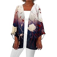 Light Blue Cardigan Kimono Cardigans for Women 2024 Summer Floral Print Draped Open Front with Long Puff Sleeve Cruise Outfits Red 5X-Large