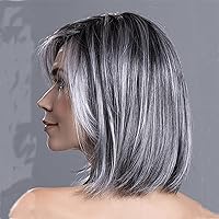 SCENTW Short Ombre Grey Bob Natural Straight Hair Wig with Curtain Bangs Mix Gray Heat Synthetic Wig Salt N Pepper Wigs for Women
