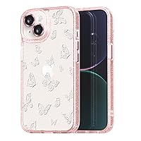 Compatible for iPhone 15 Case Cute Aesthetic - Glitter Pink Phone Case with Camera Protector - Girly Butterfly Pattern Print Cover with Wrist Strap Design for Woman Girl 6.1