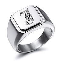 MeMeDIY Personalized Engraved Initial Monogram Signet Ring for Men Women Customize Stainless Steel Wedding Letter Rings Jewelry Bundle with Ring Size Adjusters