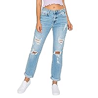 Women's Boyfriend Jeans with Destructed Blown Knee and Rolled Cuff