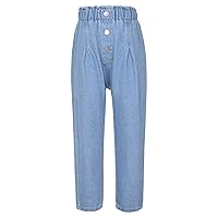 Kids Girls Stretchy Waist Denim Jeans with Beads on Side Fashion High Waisted Baggy for Girls Spring Casual Wear