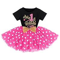 Mouse 1st Birthday Outfit for Baby Girl My First Birthday Outfits Cake Smash Outfit Mini Tutu Skirt Polka Dots Dress Mouse Themed Birthday Party Supplies Toddler Princess Photo Shoot Black + Rose 1T