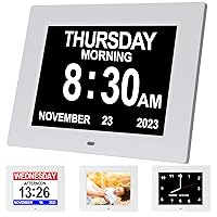 Calendar Day Clocks Extra Large Clear Day Date Time Dementia Clock for Seniors Elderly Impaired Vision Memory Loss Alzheimer's with 12 Alarms 12/24h AM/PM Auto-Dim ( 8 inch White)