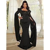 Plus Women's Dress Plus Exaggerated Sleeve Mermaid Hem Prom Dress (Color : Black, Size : XX-Large)