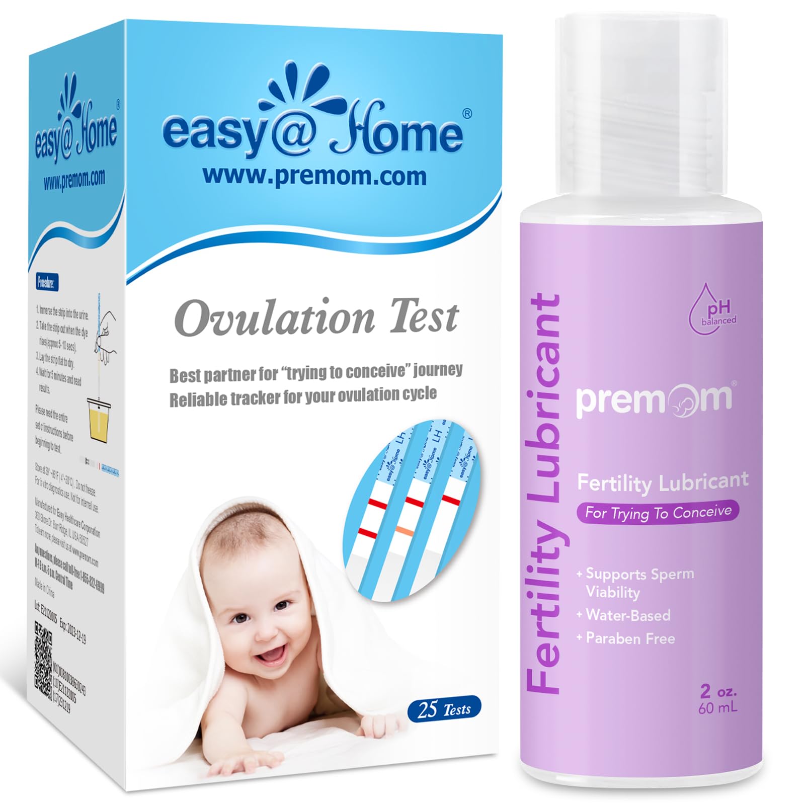 Easy@Home 25 Pack Ovulation Test Strips + Premom Fertility Lubricant 2Fl Oz