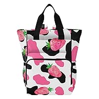 Cow Strawberry Diaper Bag Backpack for Men Women Large Capacity Baby Changing Totes with Three Pockets Multifunction Nappy Changing Bag for Picnicking Shopping Travelling