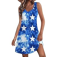 Womens American Flag Dress 4th of July Dress Women 2024 American Print Vintage Fashion Casual with Sleeveless Round Neck Sundresses Blue Large