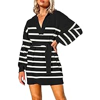 Pink Queen Women's 2023 Fall Oversized Sweater Dress Collared V Neck Ribbed Knit Long Sleeve Pullover Jumpers