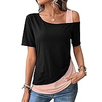 Womens Tops Asymmetrical Cold Shoulder Short Sleeve Blouses Summer Casual Loose Fit Tunics T Shirts for Women 2024
