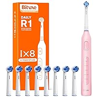 Bitvae R1 Rotating Electric Toothbrush with 8 Brush Heads for Adults and Kids, 5 Modes Rechargeable Power Toothbrush, 3 Hours Fast Charge for 60 Days, Brushing Timer, Pink