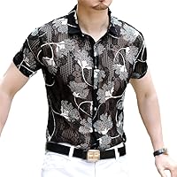 Men Transparent Velvet Shirt Club Summer Sexy Floral Shirt Short Sleeve Slim Fit Shirt