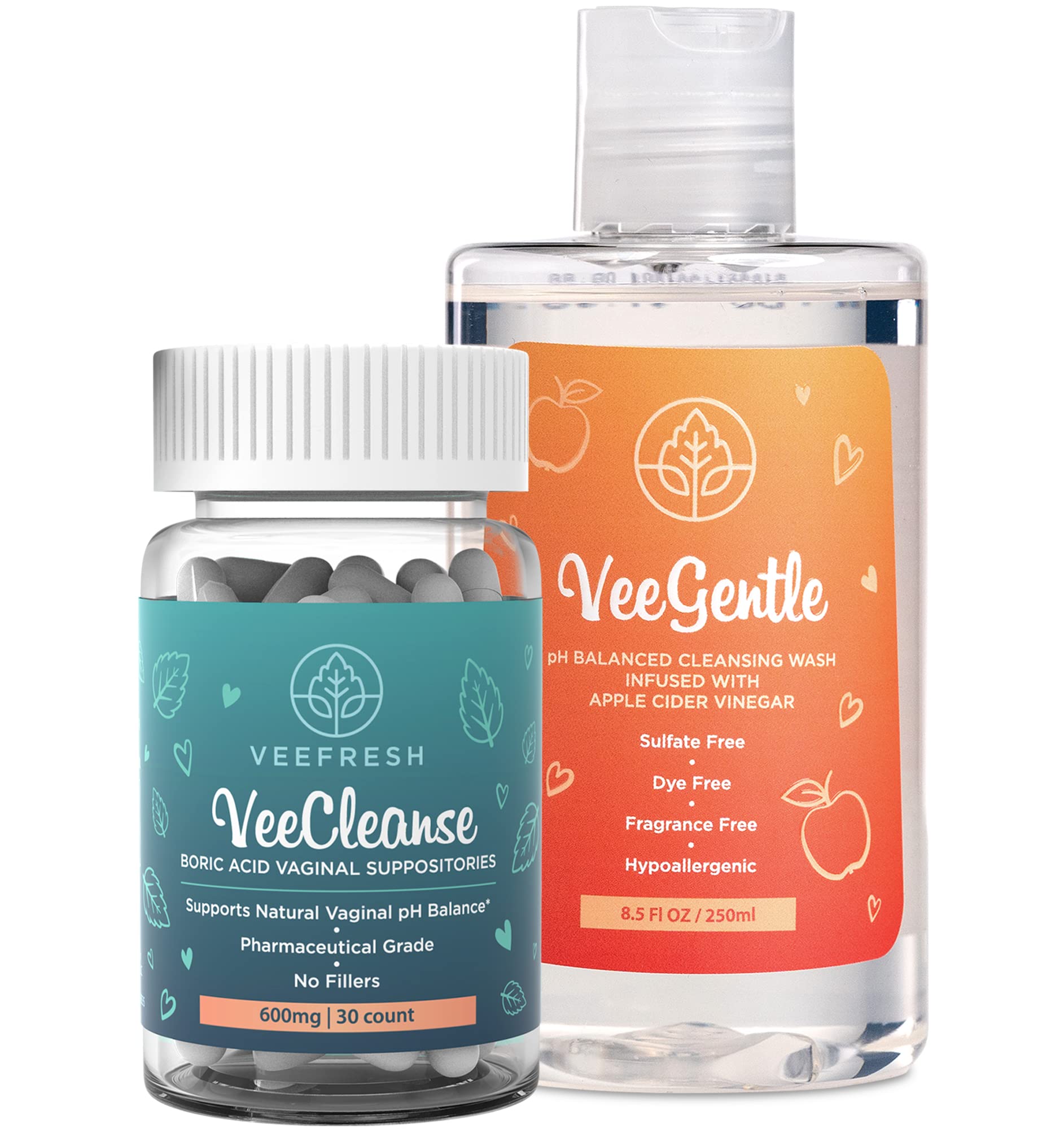 VeeFresh - VeePower Vaginal Health Bundle - Control and Prevent Vaginal Odor - Includes VeeGentle Feminine Wash for Vaginal pH Balance, VeeCleanse Boric Acid Vaginal Suppository