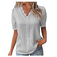 Womens Dressy Tops, Summer Women's V-Neck Lace Print Irregular Ruffle Light Casual Street Style Solid Color T-Shirt Tops