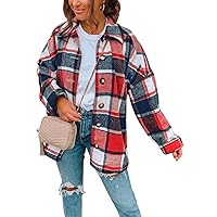 RAMOUG Women Plaid Flannel Lapel Jacket Shirt Shacket Loose Button Down Cardigan