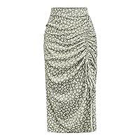 MakeMeChic Women's Ditsy Floral Midi Skirt High Waist Split Thigh Drawstring Ruched Boho Skirt