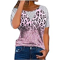 YZHM Leopard Print Tops for Women Lace Short Sleeve Shirts Loose Fit Tshirts Cute Summer Tees Basic T Shirts Fashion Blouses