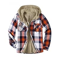 Men's Winter Thermal Flannel Shirt Plaid Jacket with Hood Western Snap Button Long Sleeve Sherpa Lined Coat