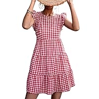 Women's Summer Vintage Crewneck Babydoll Cap Sleeve A Line Plaid Beach Mini Gingham Dress