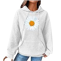 Women's Daisy Printed Oversized Hoodies Fall Long Sleeve Drawstring Waffle Knit Pullover Sweatshirt Tops with Pocket