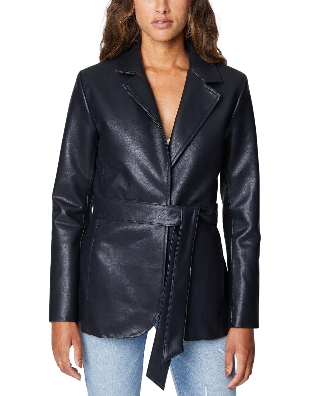 [BLANKNYC] Womens Black Vegan Leather Belted Blazer, Comfortable Coat & Stylish Jacket