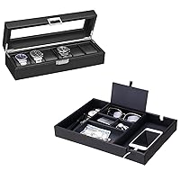 BEWISHOME Valet Tray for Men Dresser Organizer Nightstand Organizer & 6 Slot Watch Organizer, Watch Case,Carbon Fiber Design, Bundle