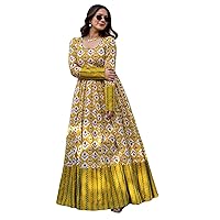 Yellow Functional Party wear Indian Woman Designer Printed Anarkali Pure Cotton Gown Soft Kurti Girlish Dress 475r