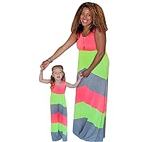 FLITAY Women’s Fashion Mommy Daughter Sleeveless Striped Casual Print Outfits Maxi Long Dress