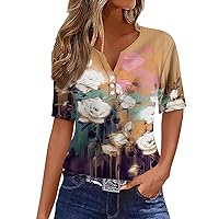 Women's Summer Tops Dressy Casual Short Sleeve V Neck Button Up Henley Shirts Trendy Floral Print Work Office Blouses