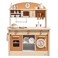 ROBUD Wooden Play Kitchen for Kids Toddlers, Kids Kitchen Playset with Realistic Accessories, Toy Kitchen Set with Plenty of Play Features, Modern Style Toy Kitchen for Girls & Boys, 3+, Caramel