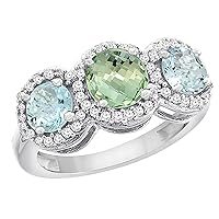 PIERA 14K White Gold Natural Green Amethyst & Aquamarine Sides Round 3-stone Ring Diamond Accents, sizes 5-10