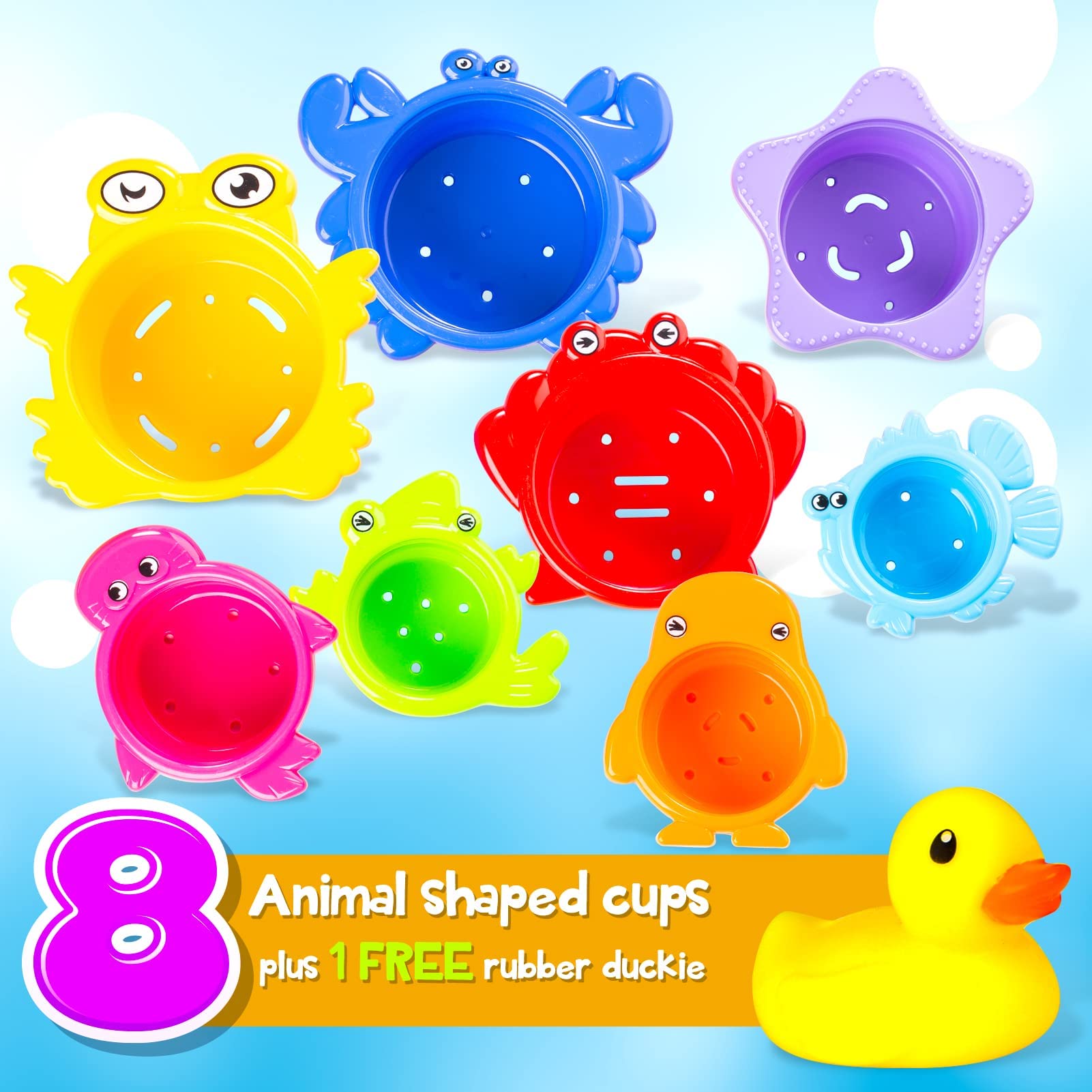 SMALL FISH Stacking Cups Bath Toys for Toddlers, Rainbow Bath Cups for Baby 1-3 Years Old, Safe Infant Nesting Cups Come with Free Rubber Duckie for Fun Bath Time, Easter Basket Stuffers Easter Gifts