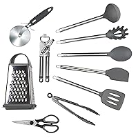 Complete 10-Piece Stainless Steel Utensil Set by Tovolo - Includes Spatula, Tongs, Can Opener, Ladle & More for Cooking Mastery & Meal Prep (Charcoal)