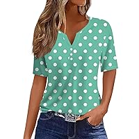 Summer Tops for Women 2024,Womens Casual Print Short Sleeve Henley V Neck Shirts Loose Button Down Boho Tunic Tops