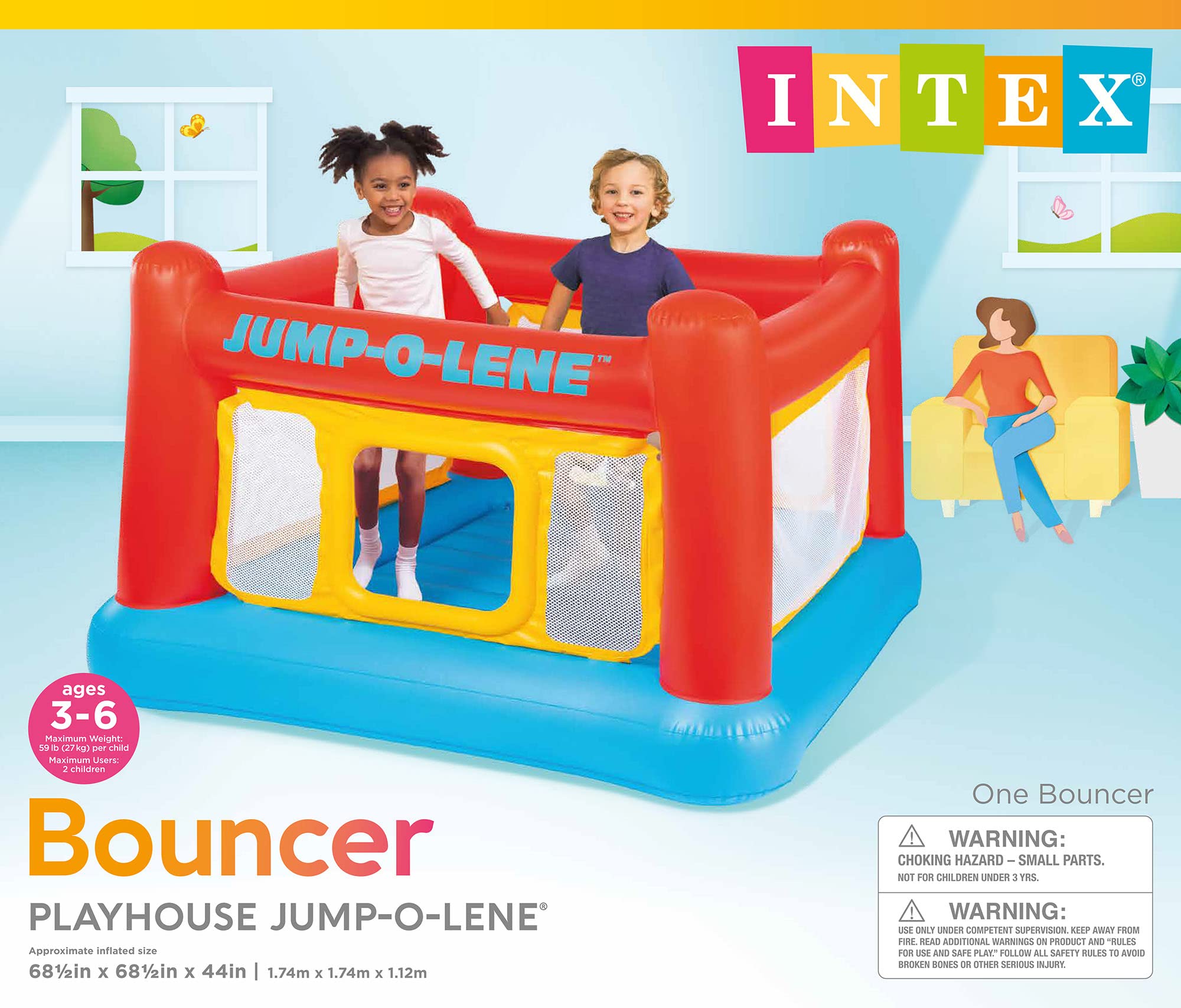 Intex Inflatable Jump-O-Lene Playhouse Trampoline Bounce House for Kids Ages 3-6 Pool Red/Yellow, 68-1/2
