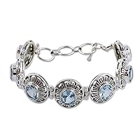 NOVICA Handmade Topaz Flower Bracelet .925 Sterling Silver Blue Women's Jewelry Link India Birthstone [7 in min L x 8.25 in max L 20 mm W] 'Sky Blossom'