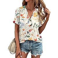 Womens Tops Flower Printing Women's Short Sleeved T-Shirt Summer Button V-Neck Top Loose T-Shirt Top