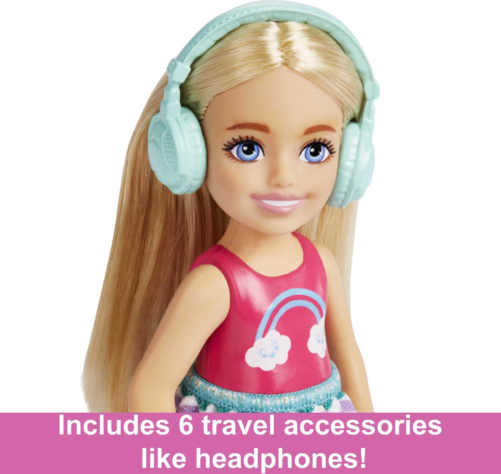 Barbie Chelsea Doll & 6 Accessories, Travel Set with Puppy, Pet Carrier & Backpack that Opens & Closes, Blonde Small Doll