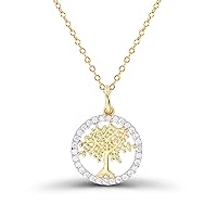 14K Two-Tone Gold (Y/W) Textured Tree of Life in Round Cubic Zirconia Circle 18