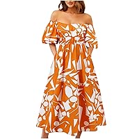 Tropical Print Off Shoulder A-Line Dress Women Summer Puff Short Sleeve Smocked High Waist Midi Dress with Pockets