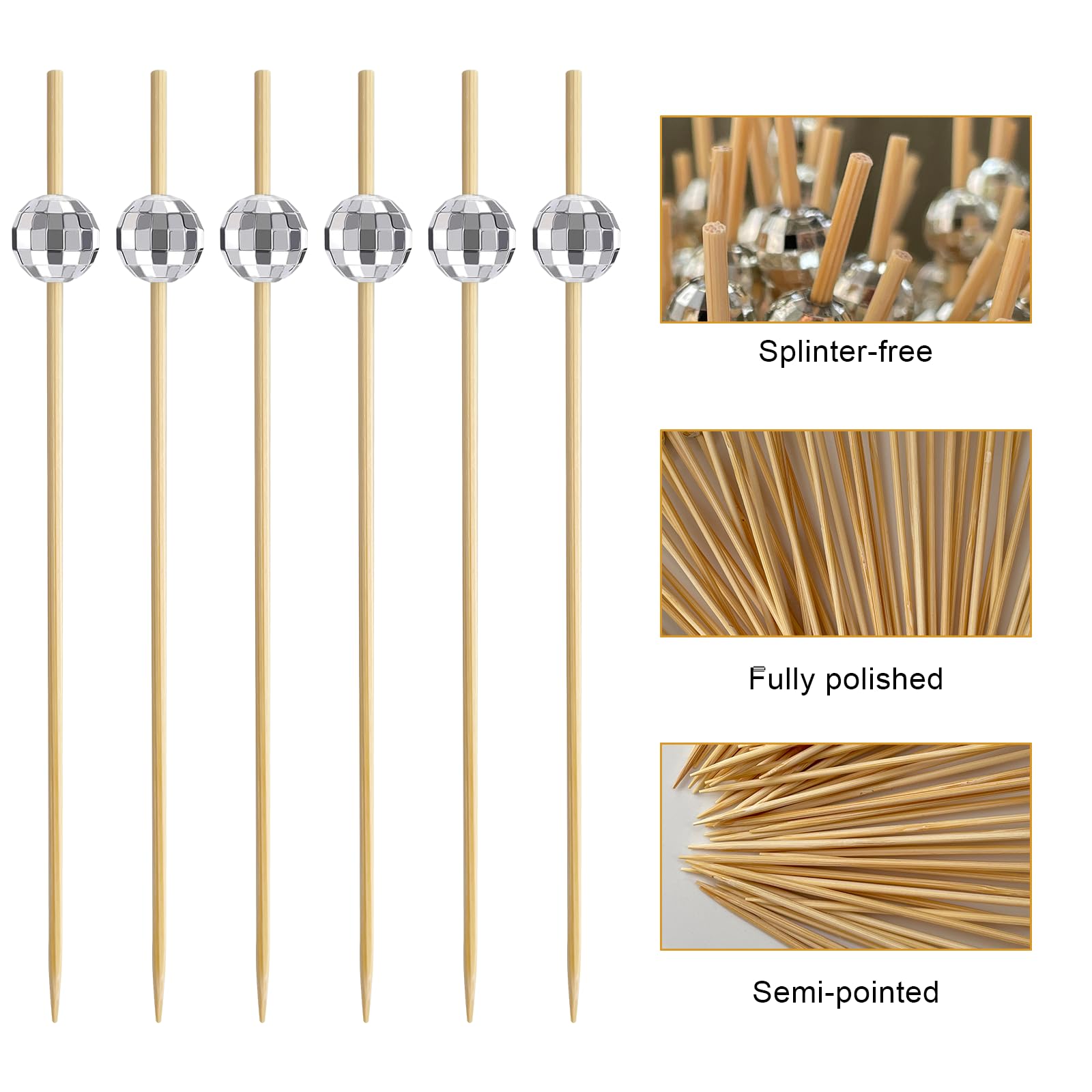 CasaPopz 200 Pcs Disco Ball Cocktail Picks Party Decor with Silver Bamboo Toothpicks Stirrers Skewers Sticks for Appetizers Cupcakes Party Supplies for Christmas, Wedding, and Birthday Decorations
