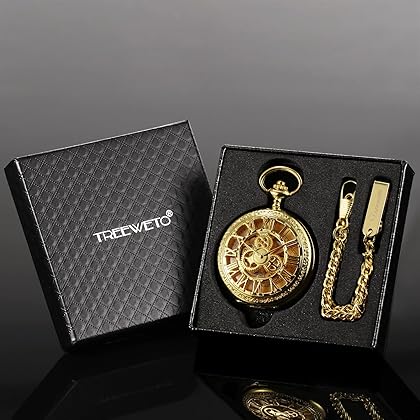 TREEWETO Pocket Watch Skeleton Hand-Wind Mechanical Double Case Roman Numerals Antique with Fob Chain Box